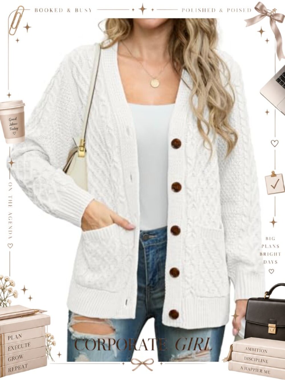 Cable Knit Cardigan Long Sleeve Button Down Pockets Women's Sweater